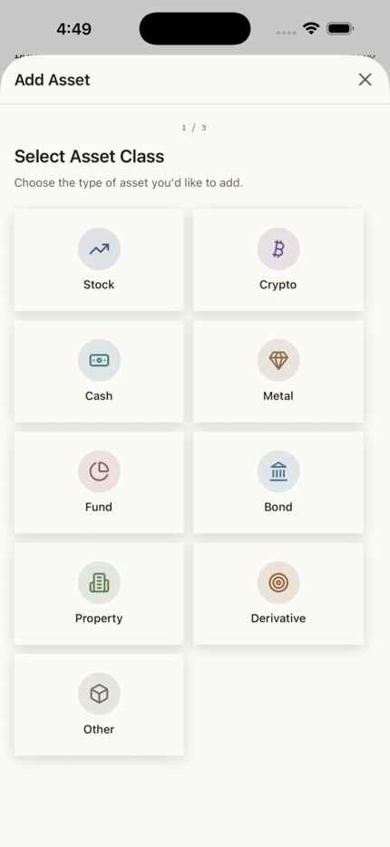 The Add Asset sheet, step one of three: a grid of nine asset classes — stock, crypto, cash, metal, fund, bond, property, derivative and other.