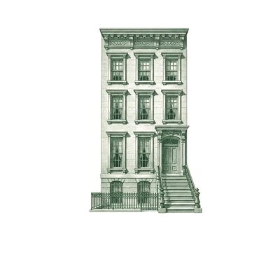 Engraving of a four-storey brownstone with a high stoop